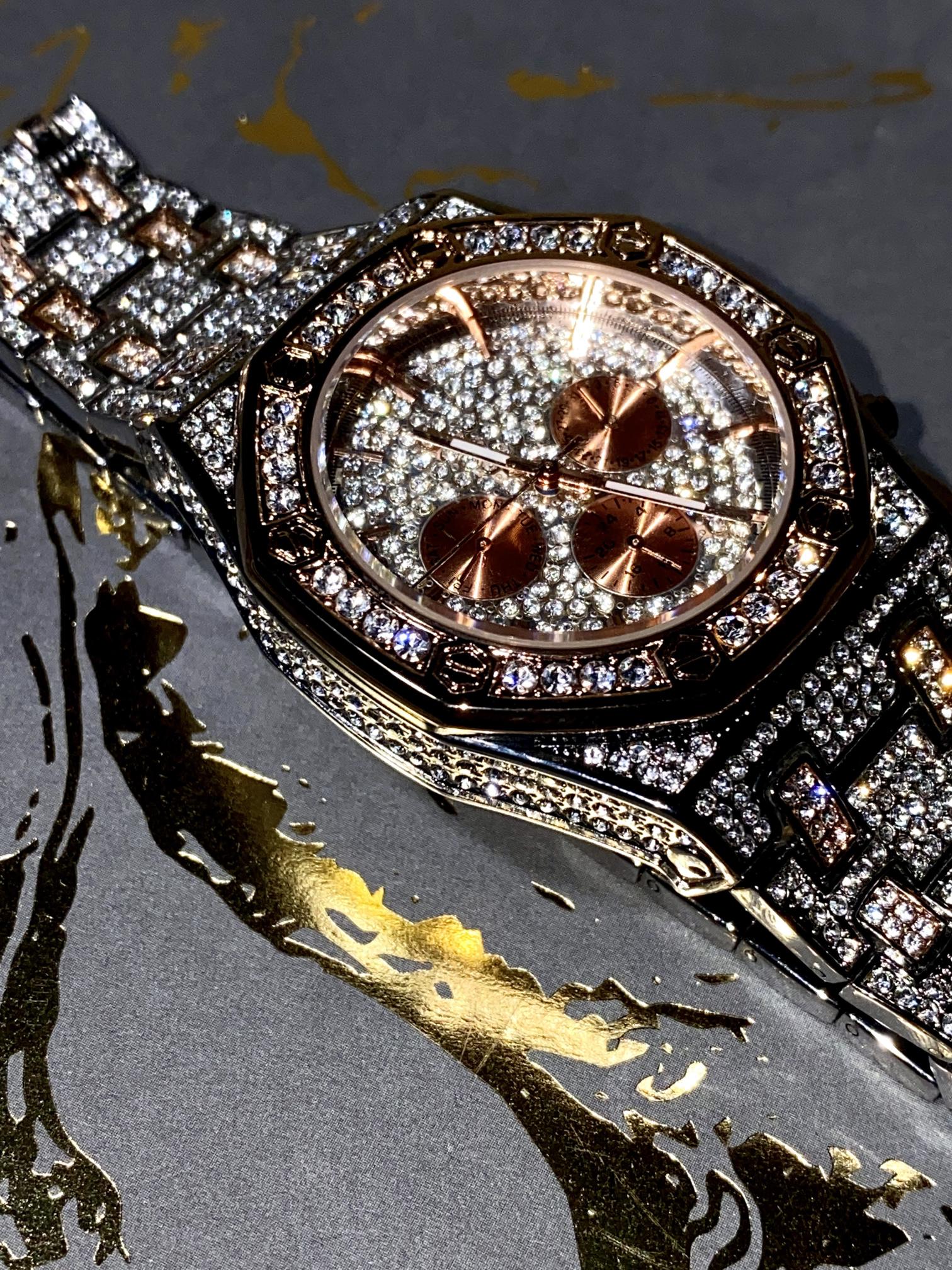 Two-tone rose gold and silver iced-out octagon chronograph watch with pavé dial – luxury streetwear timepiece