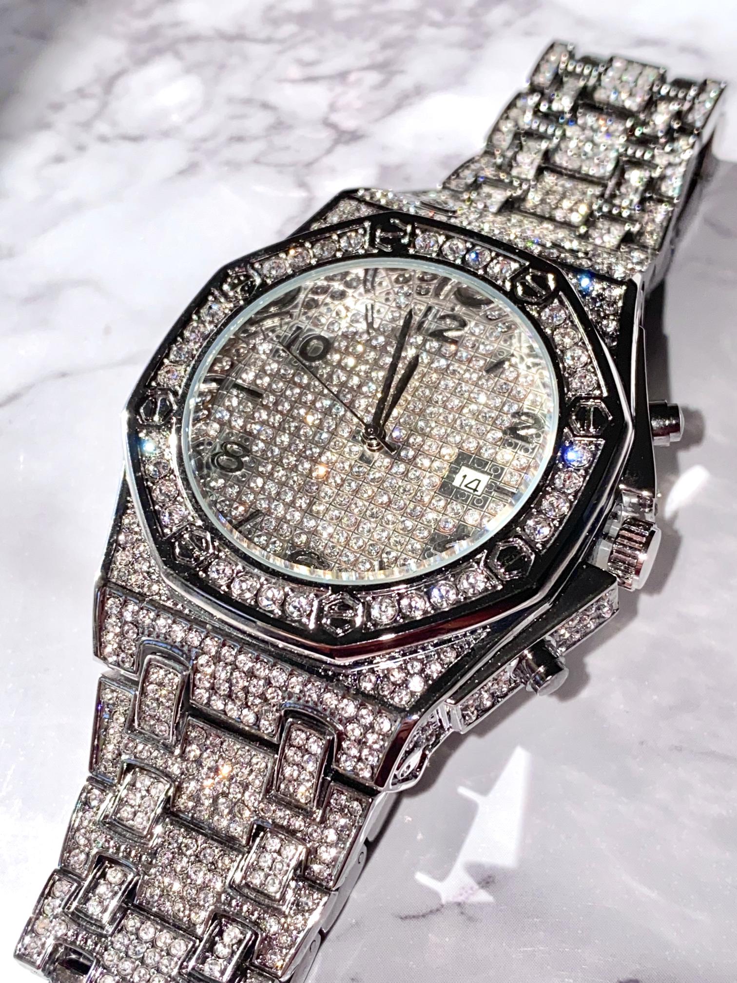 Iced silver octagon watch with pavé dial and chrono details – bold urban luxury design