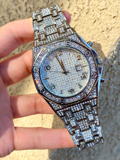 Iced silver octagon watch with pavé dial and chrono details – bold urban luxury design