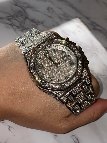 Iced silver octagon watch with pavé dial and chrono details – bold urban luxury design