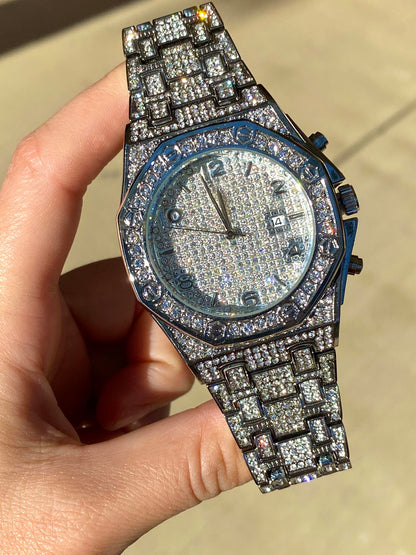 Iced silver octagon watch with pavé dial and chrono details – bold urban luxury design