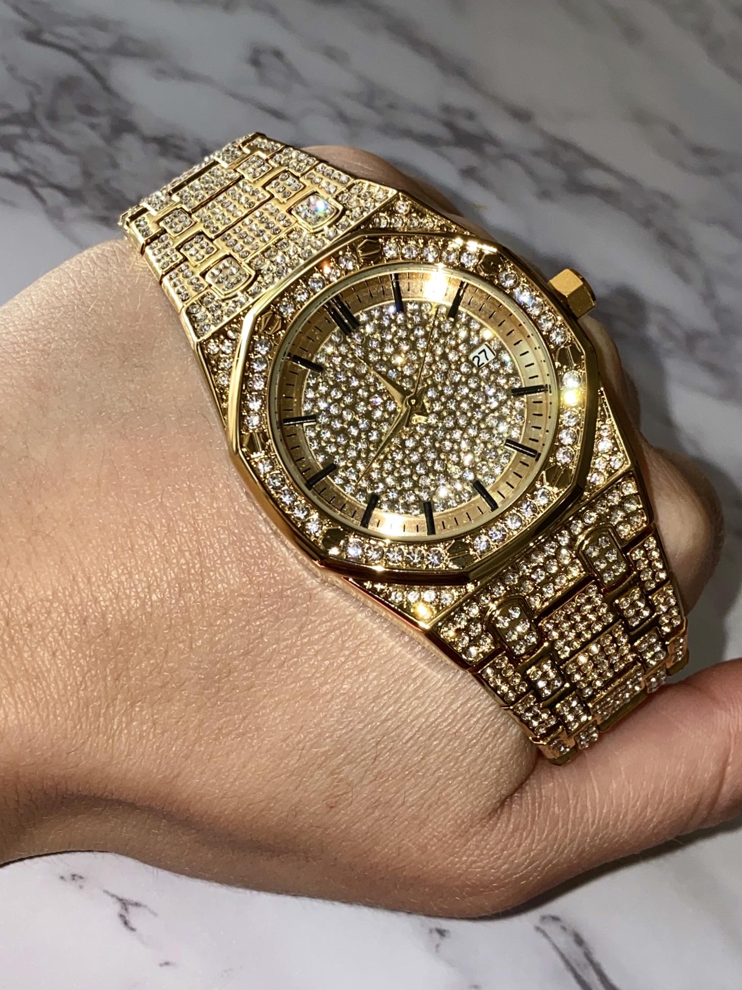Gold iced-out octagon watch with pavé dial, classic markers, and diamond bracelet – luxury streetwear timepiece