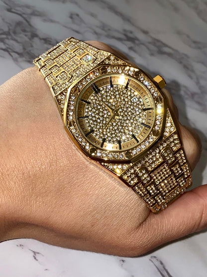 Gold iced-out octagon watch with pavé dial, classic markers, and diamond bracelet – luxury streetwear timepiece