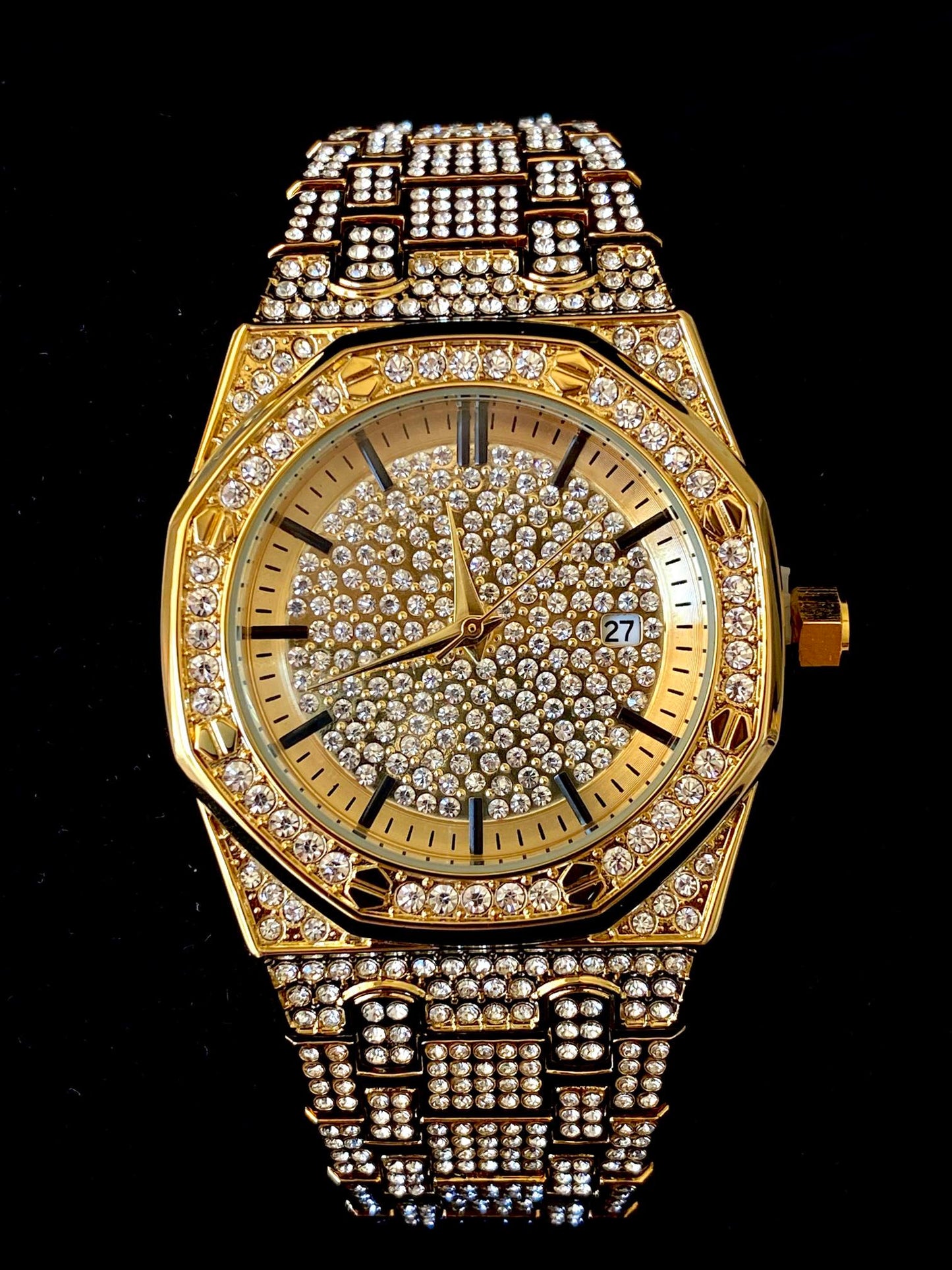 Gold iced-out octagon watch with pavé dial, classic markers, and diamond bracelet – luxury streetwear timepiece