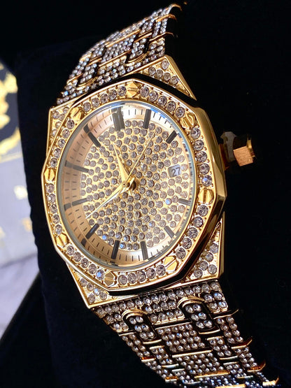 Gold iced-out octagon watch with pavé dial, classic markers, and diamond bracelet – luxury streetwear timepiece