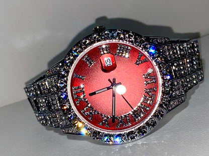 Red dial Roman numeral iced-out watch with crystal bezel and silver pavé band – luxury statement accessory