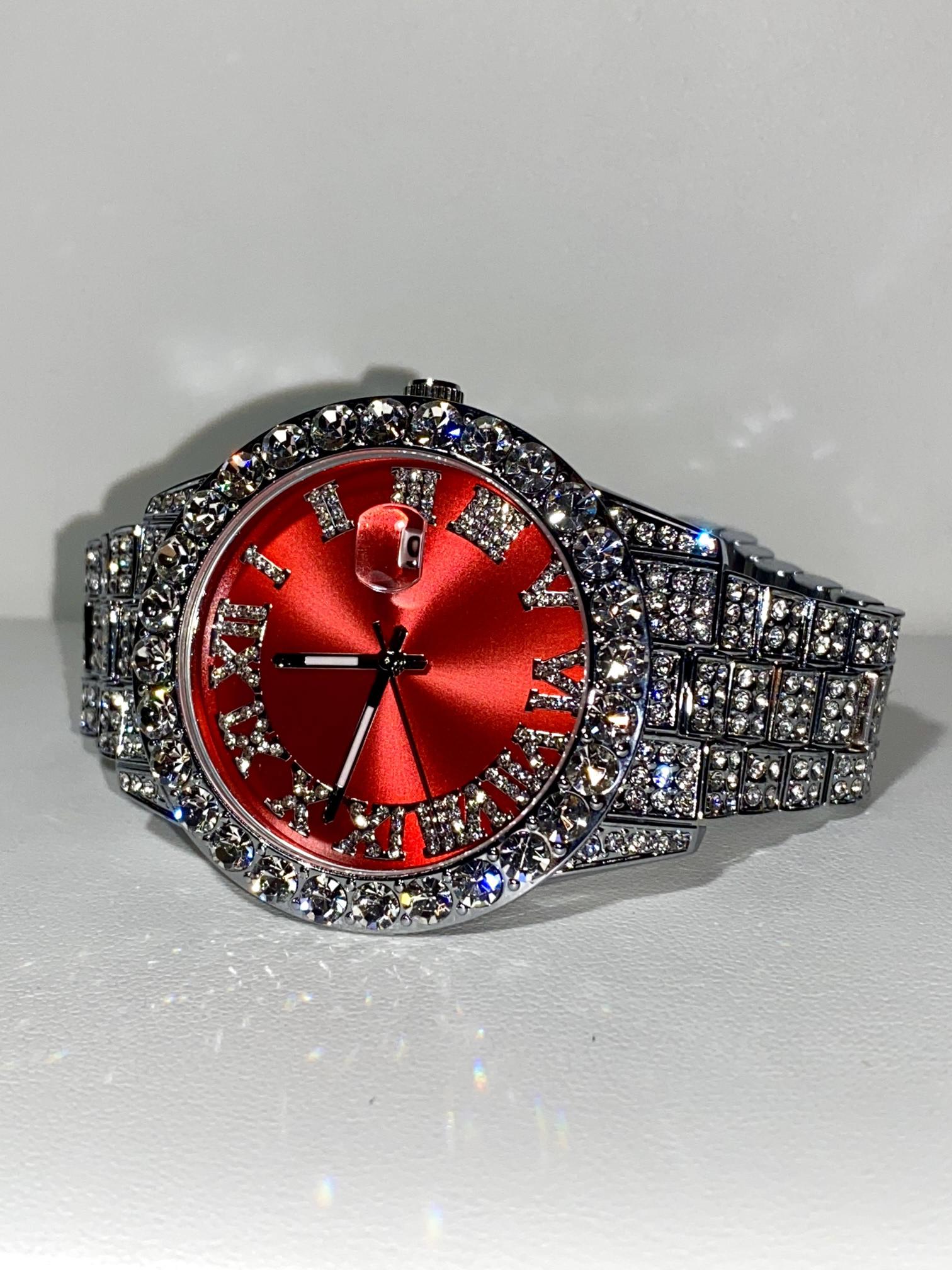Red dial Roman numeral iced-out watch with crystal bezel and silver pavé band – luxury statement accessory
