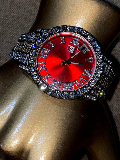 Two-tone iced-out watch with red dial, Roman numerals, and diamond bracelet – luxury streetwear timepiece