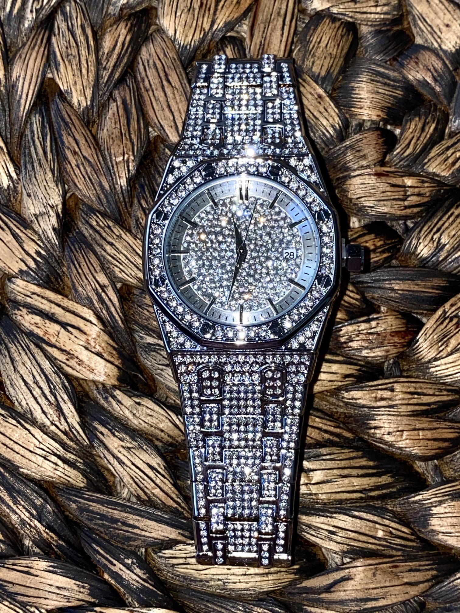 Silver iced-out octagon watch with pavé dial, classic markers, and diamond bracelet – luxury streetwear timepiece