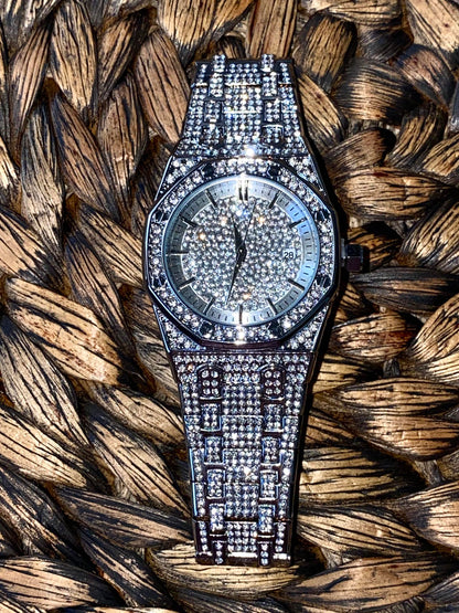 Silver iced-out octagon watch with pavé dial, classic markers, and diamond bracelet – luxury streetwear timepiece