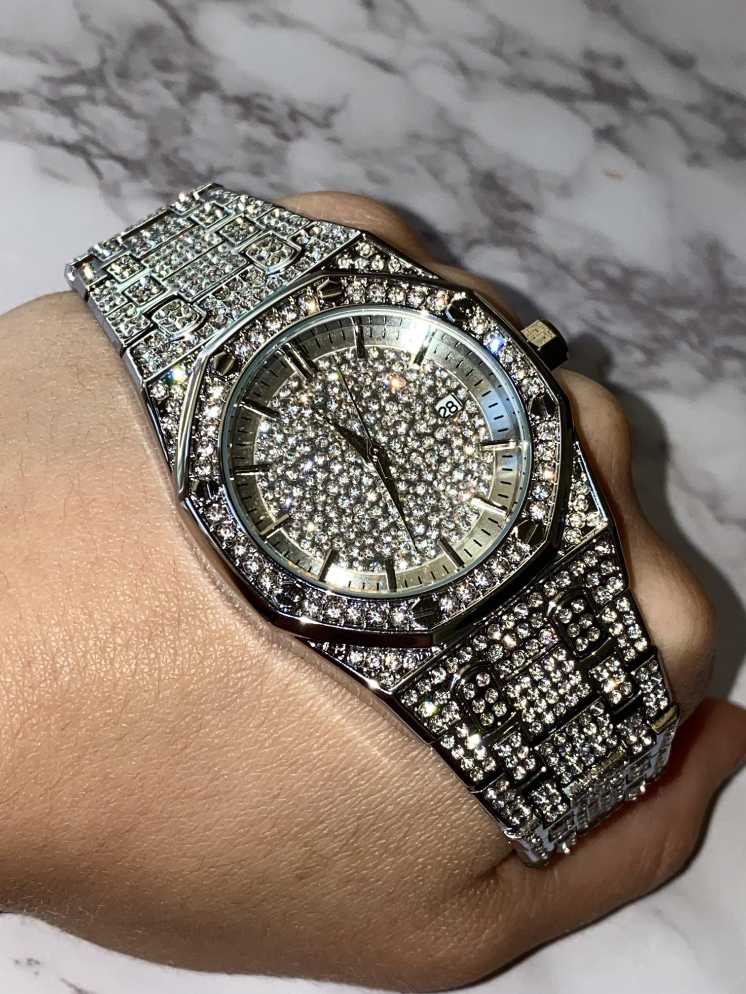 Silver iced-out octagon watch with pavé dial, classic markers, and diamond bracelet – luxury streetwear timepiece