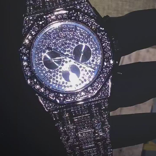Silver iced-out octagon chronograph watch with pavé dial and diamond bracelet – luxury streetwear timepiece