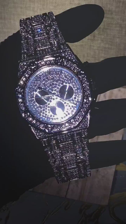 Silver iced-out octagon chronograph watch with pavé dial and diamond bracelet – luxury streetwear timepiece