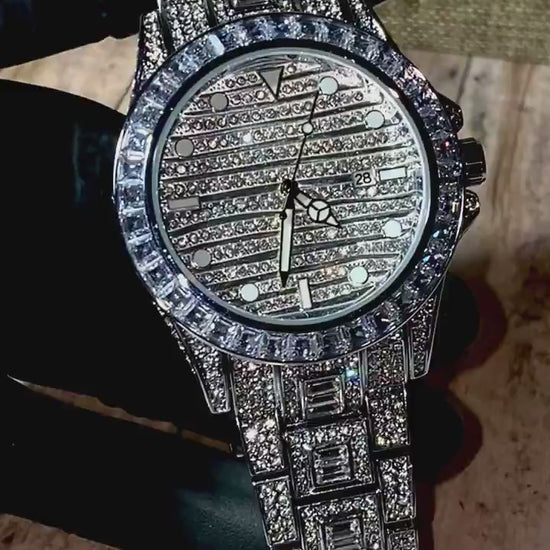 Silver iced-out watch with grid pavé dial, baguette bezel, and diamond bracelet – luxury streetwear timepiece
