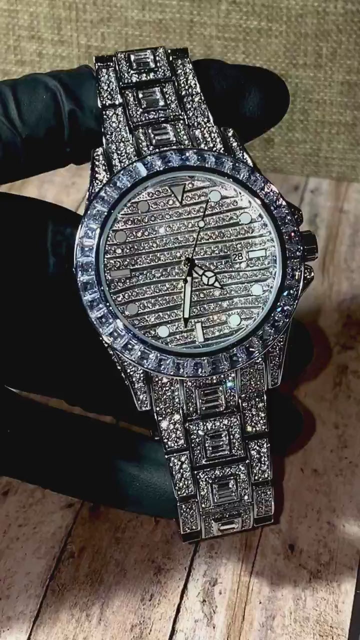 Silver iced-out watch with grid pavé dial, baguette bezel, and diamond bracelet – luxury streetwear timepiece