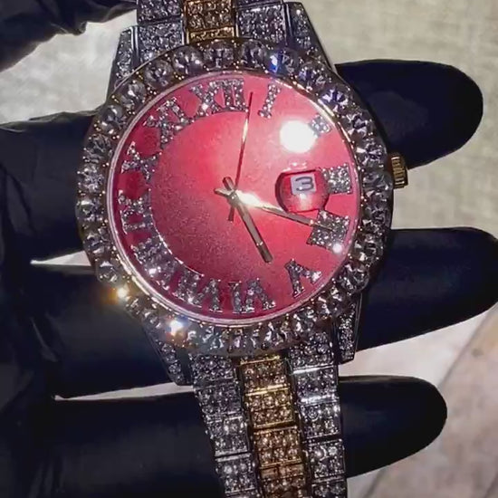 Two-tone iced-out watch with red dial, Roman numerals, and diamond bracelet – luxury streetwear timepiece
