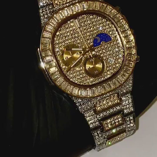 Two-tone iced-out watch with gold bezel accents, diamond pavé dial, and gold subdial – luxury streetwear style