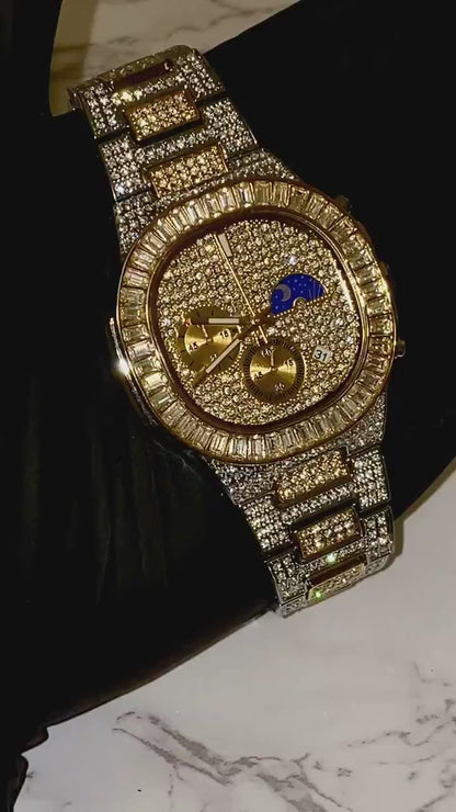 Two-tone iced-out watch with gold bezel accents, diamond pavé dial, and gold subdial – luxury streetwear style