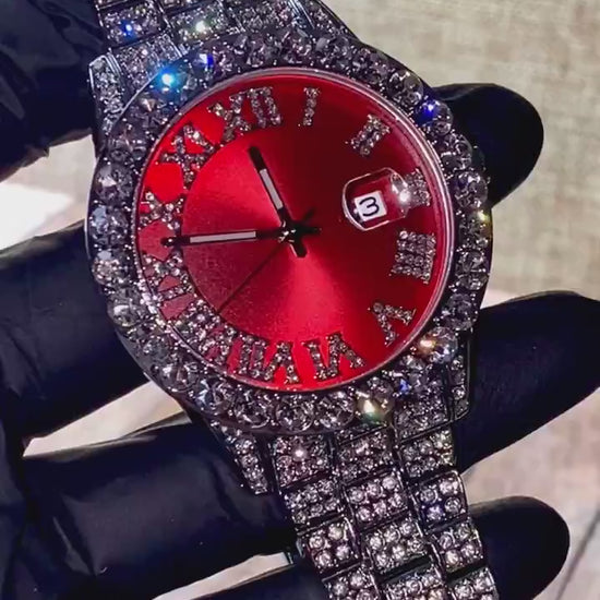 Red dial Roman numeral iced-out watch with crystal bezel and silver pavé band – luxury statement accessory