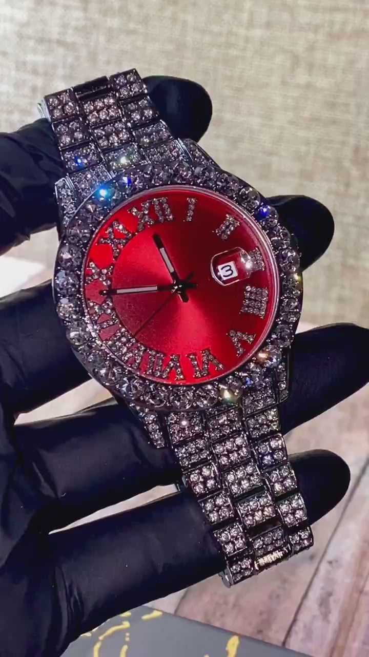 Red dial Roman numeral iced-out watch with crystal bezel and silver pavé band – luxury statement accessory